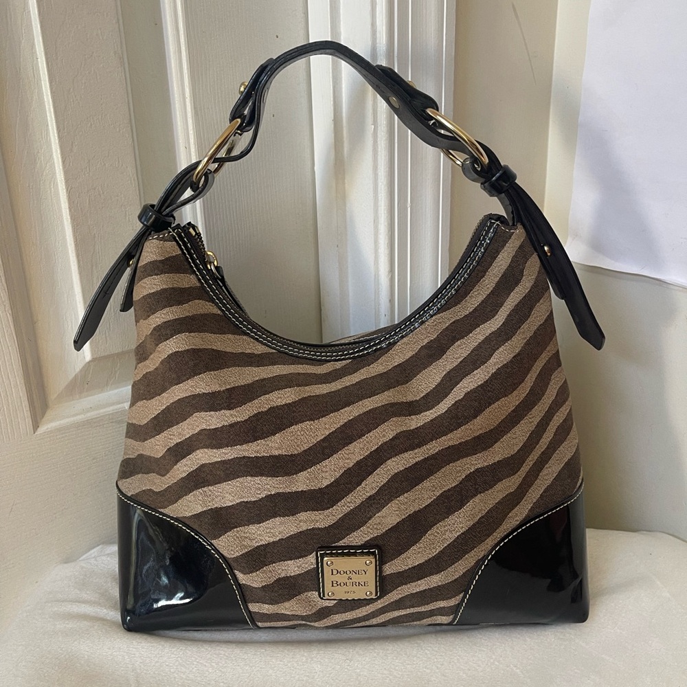 Dooney & Bourke Brown Zebra-Print Hobo with Black Patent Trim